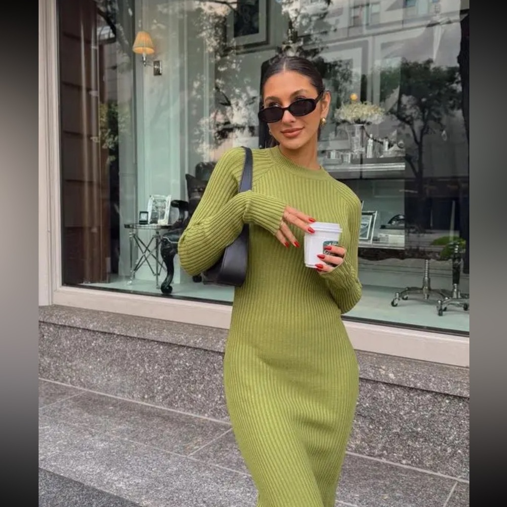Naked Wardrobe Knitted Ribbed Maxi Dress in Green